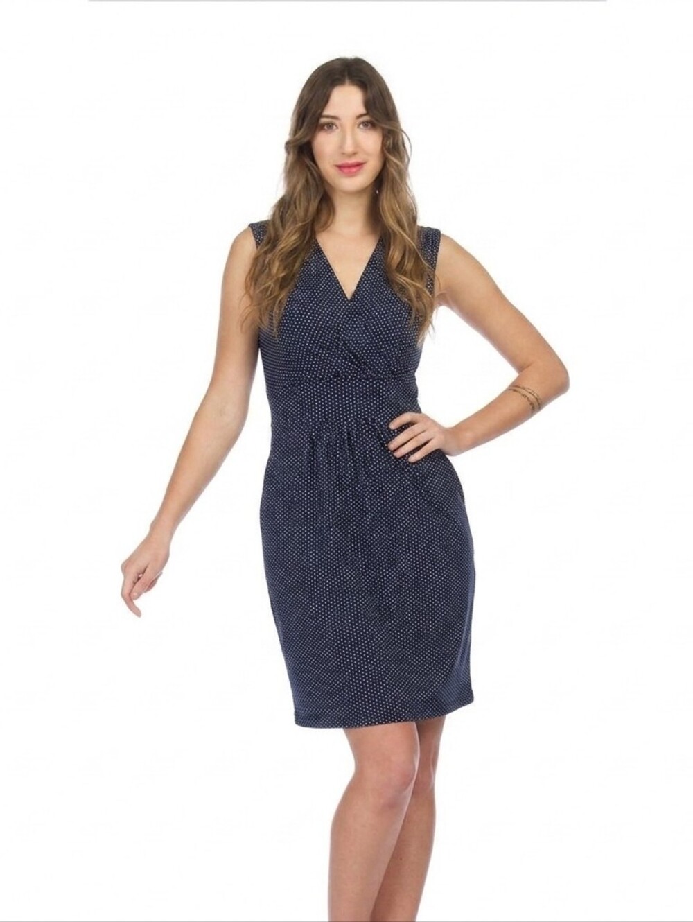 George Navy Blue Polka Dot Sleeveless Faux Wrap Dress with Pockets